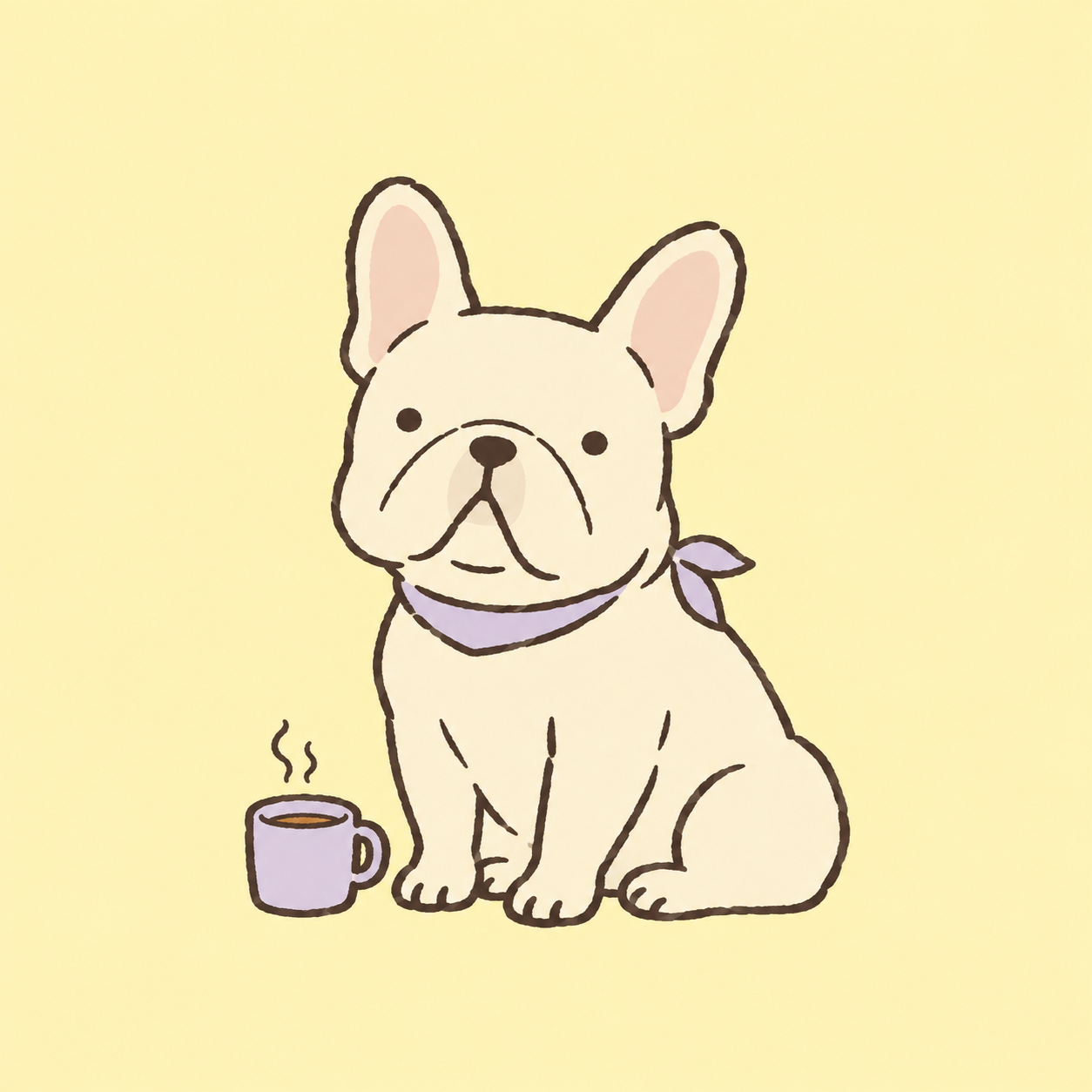 Relaxed cream French bulldog with a lilac scarf
